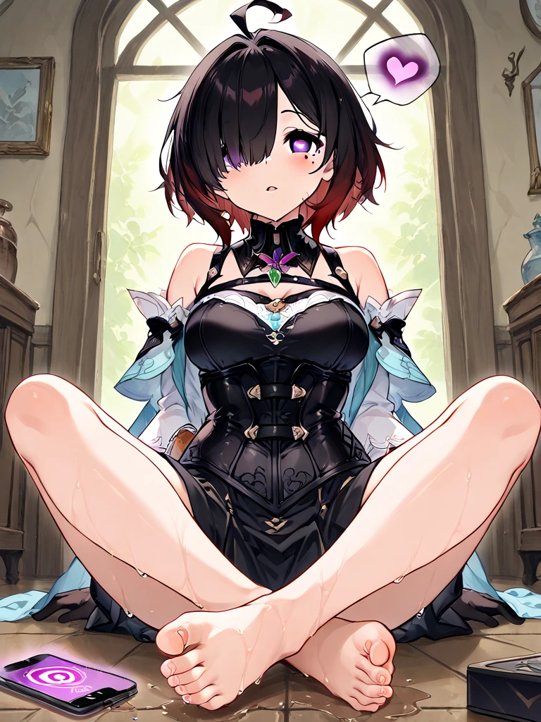 (masterpiece:1.2), (highest quality:1.2), perfect eyes, perfect face, perfect lighting, middle ages, room, 1girl, aqua eye, ((((((hair over one eye,)))))), Braidスタイル, spike hair, dull bangs, black_bob hair, Braid, Ahoge, robe ((((Transparent white bikini armor)))), Thighhighs, cute eyes, Medium chest, bright, (open_legs:1.3), open your mouth, vivid description,orgasm, I was scared, (abs:0.6) Ahegao, smile+Happy, tooth, anger, sitting,creining,apart_legs,wolf_ears,fang,wolf_tail,crotch,groin,rise_knee
