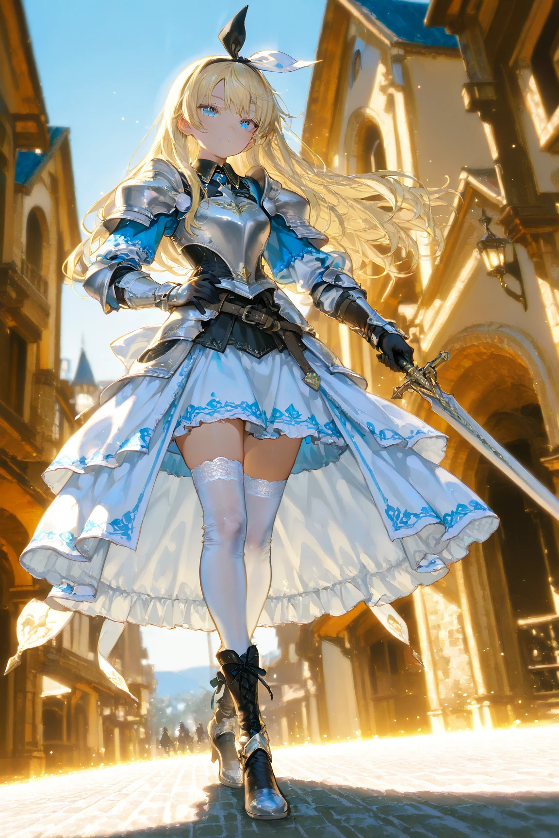 Long blond hair, Double pigtails, Miss,dress, long skirt, cleavage,Hand guard,Bare Legs,boots,Great Sword,Medieval European castles