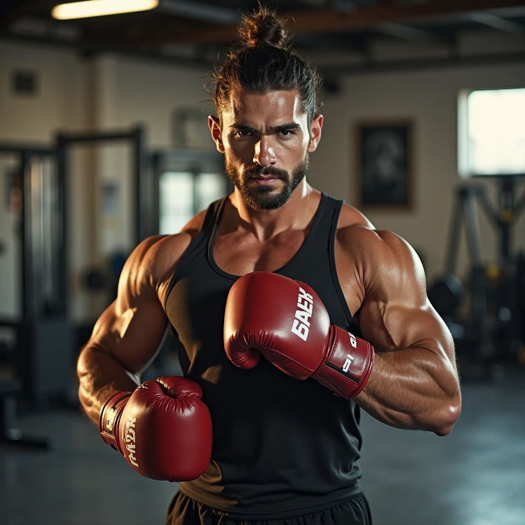 물론입니다! AI가 최적의 이미지를 생성할 수 있도록 프롬프트를 자세하게 작성해
A muscular middle-aged man resting in a boxing ring after a round of an intense boxing match. He is exhausted, sitting on a stool in his corner with his head slightly lowered, sweat dripping down his face and body. His muscular arms and torso are glistening with sweat, showing his well-defined muscles and veins. He has short dark hair and a rugged appearance, with a few bruises and cuts on his face. In the background, his coach, a man in his late 50s with a concerned expression, is standing behind him, holding a water bottle and a towel. The ropes of the boxing ring and a few blurred spectators are visible in the background, creating a dynamic and tense atmosphere.