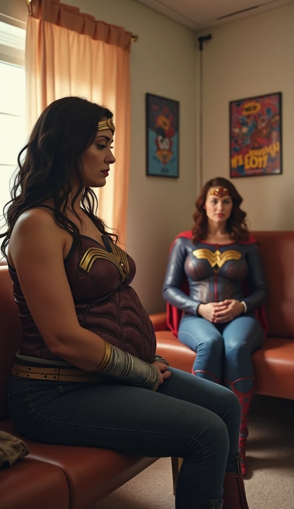 bbw superheroine drugged and asleep in a chair, she is unconscious next to an old man, full body,