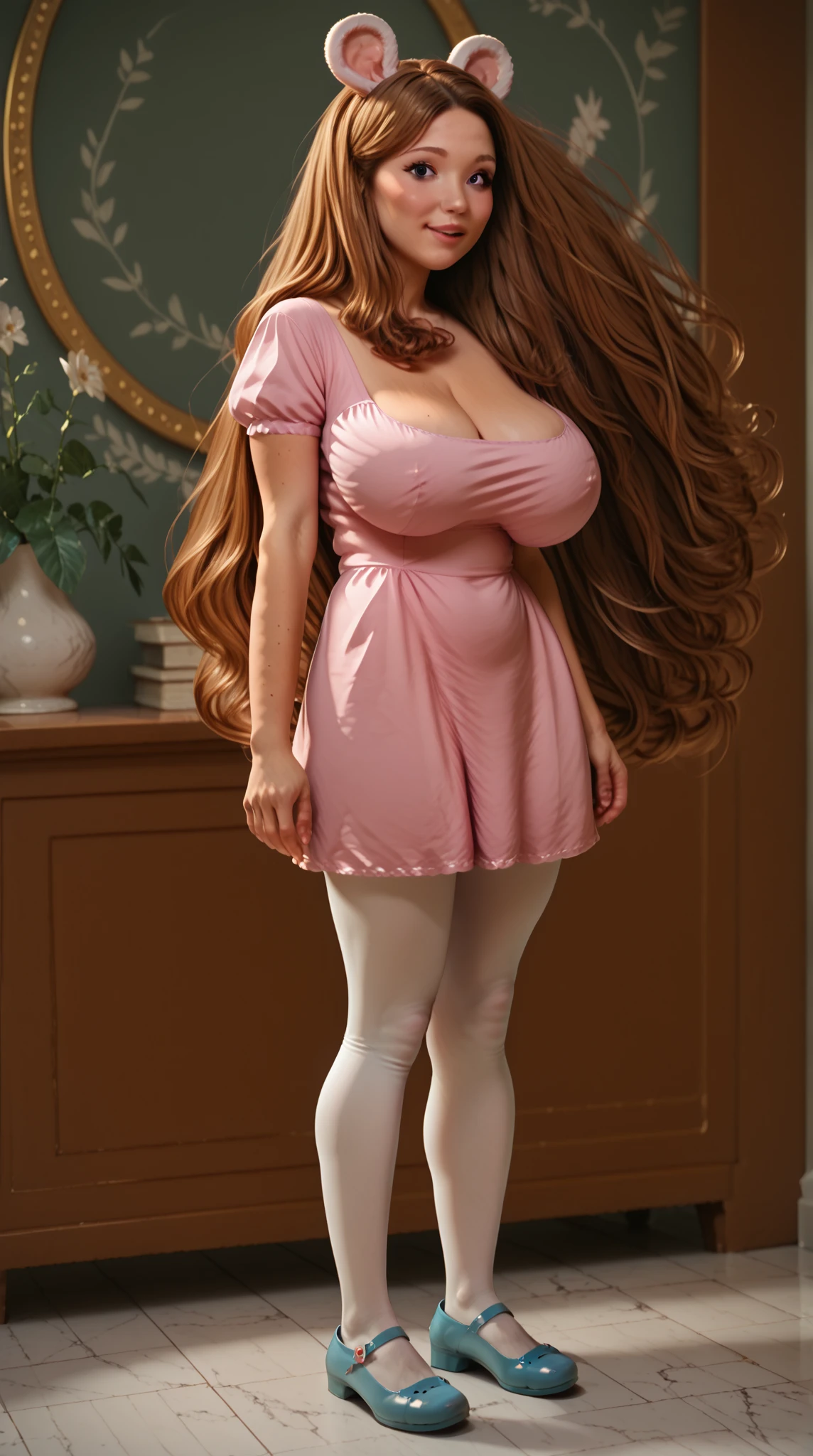 (1girl:1.5), ((Anita)) , (best qualityer:1.1, (standing:1.5), (extremely thick thigh:1.2) , ( exaggerated big breasts:1.3), (SFW:1.5), (facing the câmera:1.2), sunlit, thicc, flacid, curtain, chestnut hair, leggings pants, white blouse, skin-tight outfit, sultry posing, (front-facing:1.2), 8K