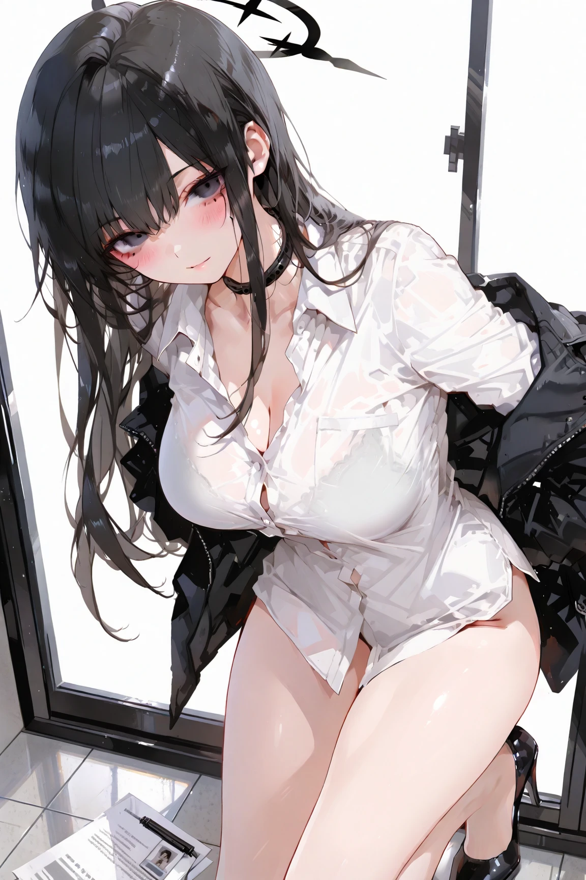 ((masterpiece, highest quality:1.3)),cowboy shot,25 year old beauty,solo,very small head,black hair,long hair,black eyes,blunt,skinny,medium breasts,long body,slender body,skinny,shiny skin,oily skin,sweat,shy,、Black tie、White long sleeve collared shirt、(Black tight mini skirt)、White panties、Wet crotch、Love juice、black_thighhighs、Shibuya Station、neon、at night、
