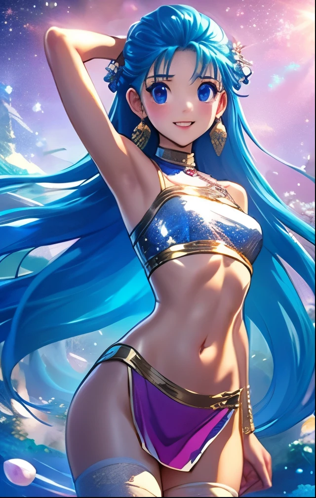 (((SFW、Highest quality、 first class masterpiece 、 Normal Body 、32k、 detailed face 、super precise、 normal hand、5refer to、Highest))) flora、"Dorakue characters"、beautiful girl、Blue and silver hair、Glowing Hair、beautiful breasts、Slender、 slim、Petite、 can be used、Shyly blush and smile 、 Navel Exposure 、High Leg Costume、See-through Costume