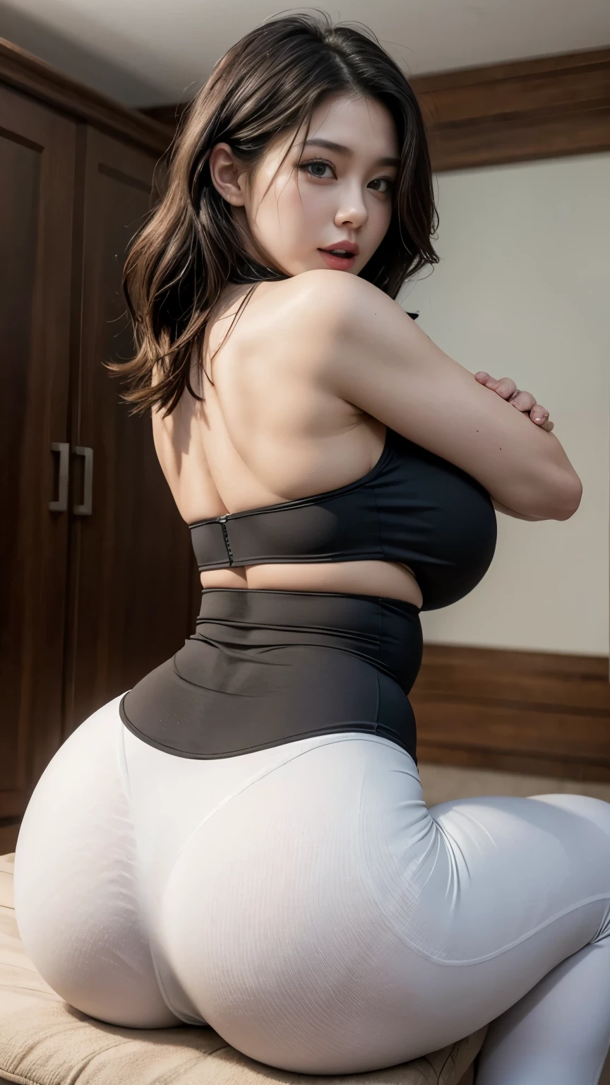 8K, 超A high resolution, Best Quality, masutepiece、超A high resolution、top-quality、 (quite massive chest、rather large breasts、legs are quite wide and open straight to the sides、squat with your knees bent to the side quite widely,、(Put your hand inside your leggings and touch your crotch):1.5)(Oversized tank top in white、White tight leggings、Put your hand inside your leggings and touch your crotch:1.28)(Beautiful Japan Woman、black hair shorthair、Super Cute、Cute smile:1.1)(Fitness Studio:1.2)Nike sneakers