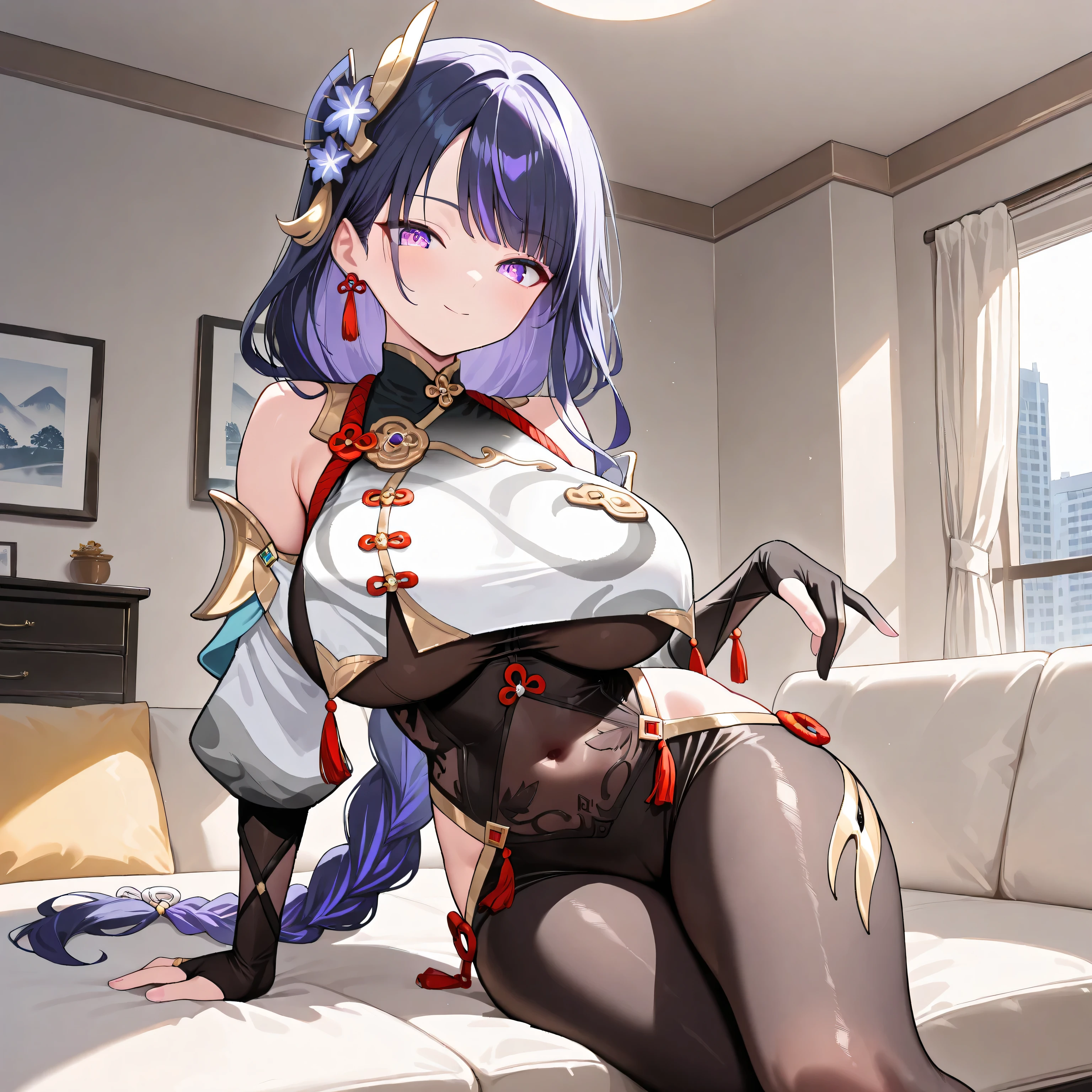 masterpiece, best quality, very aesthetic, absurdres, safe, raiden shogun, shenhe costume arm support , bare shoulders , black bodysuit , black gloves , bodysuit , breast curtain , chinese knot , clothing cutout , covered navel , detached sleeves , gloves , gold trim , hip vent , jewelry , long sleeves , partially fingerless gloves , puffy detached sleeves , puffy long sleeves , puffy sleeves , shoulder cutout , side cutout , stomach cutout , thigh cutout , white sleeves , ultra very big breast, smile face, sexy pose, fullface body, beautiful purple eyes , long purple hair , serious face ,solo woman , anatomical details , drawstring , indoor , best quality , good eye , sit on long sofa ,apartment, livingroom apartment, look a viewer , plump thighs , perfect background , Oppai / Large breasts slim body , seductive pose , sexy black pantyhose , only one woman , perfect big thighs , side , 8k resolution, shenhe costume, white hair ornament, sofa, armpit