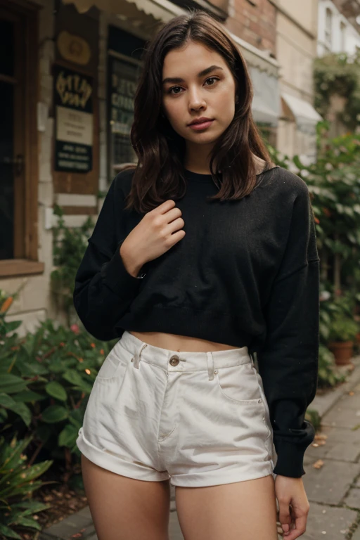 A girl with long dark hair and glasses with a white sweater and black shorts