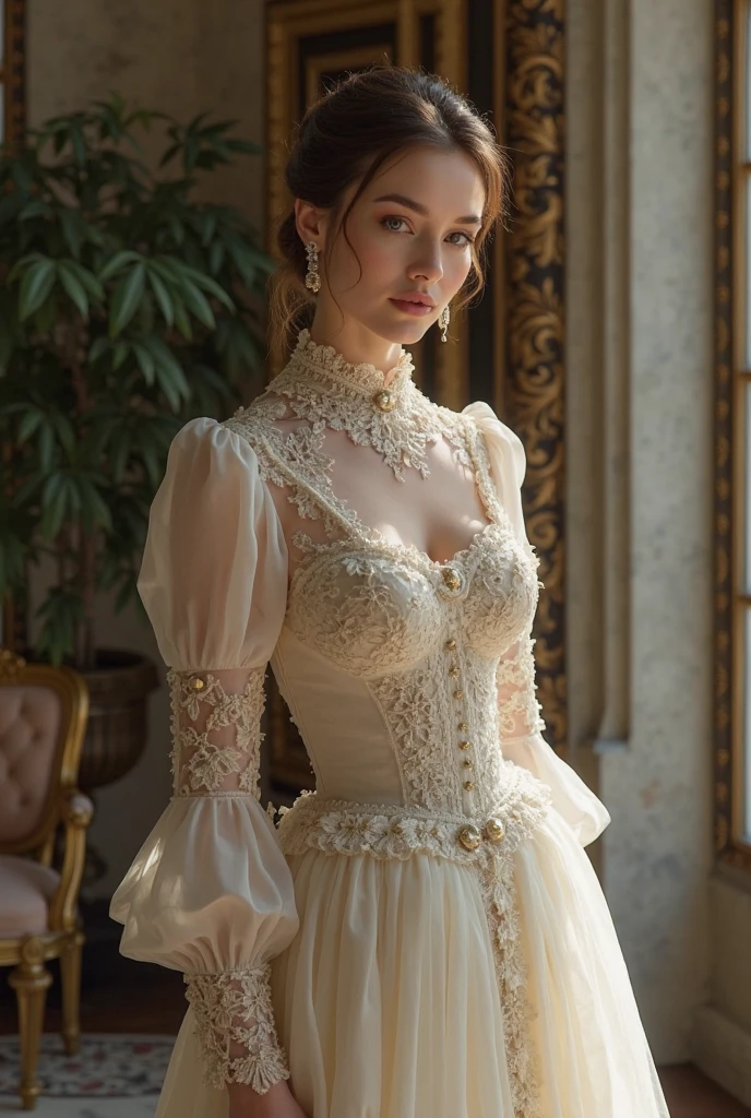 ((  hyper-realistic image)) A grand, historical mansion with ornate architecture and lush gardens. Style: A high-necked Victorian-style gown with lace detailing and a corseted bodice, paired with long gloves and a wide-brimmed hat adorned with feathers and ribbons. Accessories include a vintage parasol and a cameo brooch. Hair styled in an intricate updo with curls cascading down. In the cinematic short, the virtual influencer explores the opulent mansion, gliding gracefully through its halls and admiring the intricate décor. She pauses in the garden, her parasol casting delicate shadows as she gazes into the distance, exuding timeless elegance and sophistication.