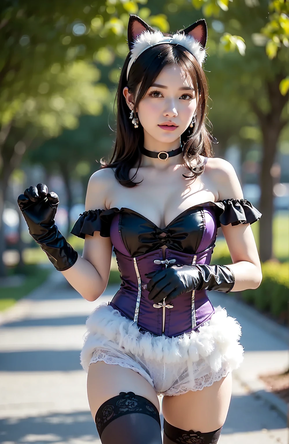 nsfw, sexy stylish Thai model, only 1 female, ((doll-like appearance)), short purple stylish hair, shiny Victorian-Style boots, beautiful smile, ultra detailed eyes, vivid eye makeup, lipgloss, long lashes, defined eyebrows, ((sexy Paradise Kiss cosplay)), bell-shaped skirt, petticoats, high neckline, puffed sleeves, ((ultra detailed lace)), ((ultra detailed embroidery)), intricate details, Paradise Kiss accessoires and matching headpiece, choker, ((large sparkling Paradise Kiss jewelry)), cinematic light, detailed large park background with trees