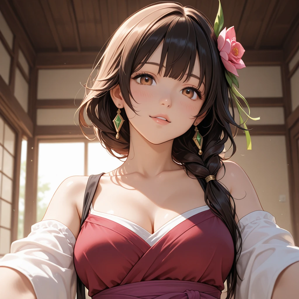 Masterpiece, (pink kimono), Seductive face, large breasts with décolleté，smile，portrait，good lighting, Masterpiece, sparkling eyes, 1 girl, black hair, on the face, Nezuko Kamado, Wisteria background, Best quality,