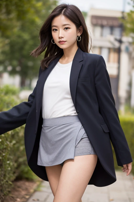 a 18 year old face of the most beautiful actress in the world, the perfect body proportions of a female, tight blazer is worn on formal shirt, the perfect shaped of female upperbody, shirt skirt is worn with panties on female lower body, panties between bare legs under short skirt are seen just a little, sexy crotch of a female, the short hair cut of a female is just like male one, standing, at the city street, nsfw, best quality, highly detailed, masterpiece, ultra high res, photo realistic, 8k