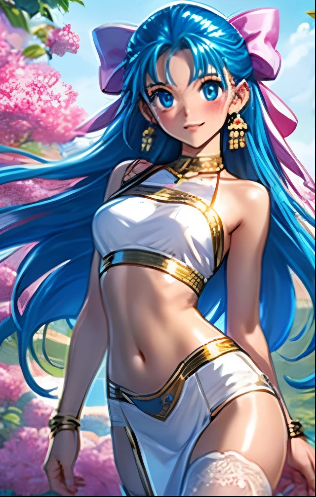 (((SFW、Highest quality、 first class masterpiece 、 Normal Body 、32k、 detailed face 、super precise、 normal hand、5refer to、Highest))) flora、"Dorakue characters"、beautiful girl、Blue and silver hair、Glowing Hair、beautiful breasts、Slender、 slim、Petite、 can be used、Shyly blush and smile 、 Navel Exposure 、Ultra Thin Sheer High Leg White Costume