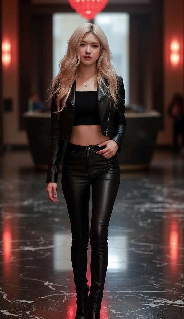 full body woman 25 years old blue eyes very, very long blonde wavy hair blown by the wind in a leather jacket black leather pants brown leather western boots highly detailed intricate light shadow effects digital bright colors sharp shadows