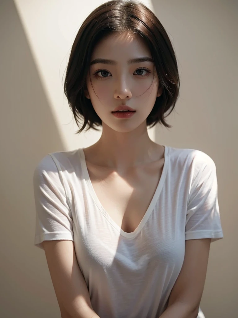 Highest quality、masterpiece、Ultra-high resolution、(Realism:1.4)、1 girl、In a pale background、Deep Shadow、Low Key、Shortcuts、Upper Body、sex appeal、Wearing a shirt