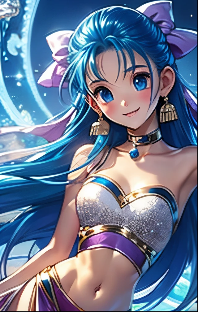 （（（ＳＦＷ、Highest quality、 first class masterpiece 、 Normal Body 、32k、  detailed face 、super precise、  normal hand、５refer to、Highest））） flora、"Dorakue characters"、beautiful girl、Blue and silver hair、Glowing Hair、beautiful breasts、Slender、 slim、Petite、 can be used、Shyly blush and smile 、 Navel Exposure 、ultra-thin sheer dress
