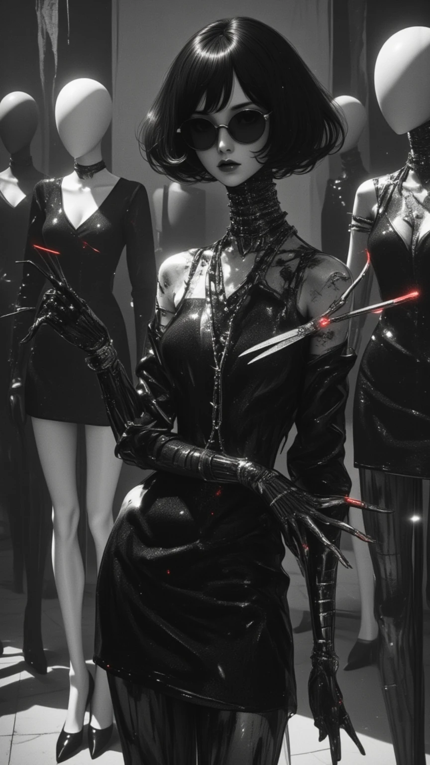 Black Corset, Bondage, (in prison cell), Chained Woman, Full Body, ((arm behind back)), Chained Chain, ((Best Quality, 8k, Masterpiece: 1.3)), Sharp Focus: 1.2, Beautiful Woman in Perfect Shape: 1.4, Slender Abs: 1.2, ((Layer Cut, Big: 1.2)), (Rain, Street: 1.2), Wet Body: 1.5, Highly detailed face and skin texture, detailed eyes, very short hair, BDSM, slave, rubber,fancy night dress, futuristic, cybernetic, cyberpunk, prison,choker, seductive