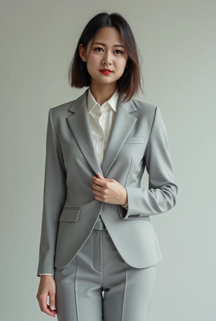 a woman in a gray suit and white shirt posing for a picture, wearing business suit, girl in suit, wearing a business suit, girl in a suit, elegant suit, business suit, high quality suit, business clothes, office clothes, wearing fashion suit, woman in business suit, korean women's fashion model, close-up professional portrait, grey suit