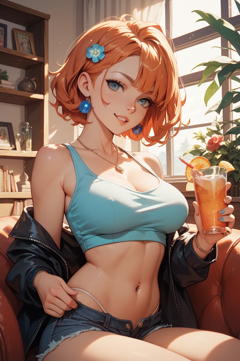 (masterpiece, highest quality, ultra high res, ultra detailed:1.3), 1 cute girl, pink medium hair, half twin-tail, red tank top, clothes covered nipples, bare stomach, black pleated mini skirt, (sitting on toilet seat, holding yellow water in a glass:1,4), opened toilet lid, downed toilet seat, looking at viewer, holding out the glass in her hand to the viewer, white panties around one leg,