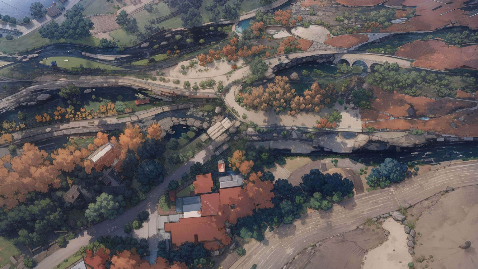 map style, Asian style, nice color, generate from original image, details, trees, roads way, view from image, roads from original image, fields, satellite view, houses
