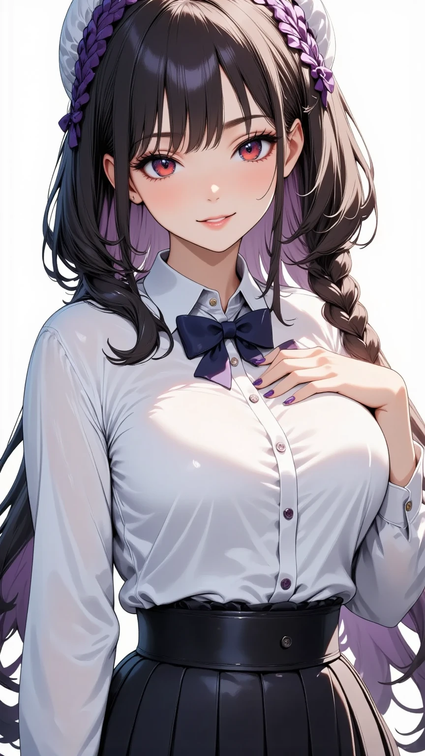 ((Highest quality)), ((masterpiece)), (be familiar with), Perfect Face、Anime Moe Art Style, , (Anime Girl), 可愛いアニメのgirl,  魅惑的なanimeのgirl、Moe art、high resolution、8K、Upper body close-up、Black Hair、Pink gradient eyes、beautiful、Smile、White beautiful dress、Big Breasts、Ecchi、girl、Big Breasts、Long Hair、Thick hair、White blouse、Beautiful lighting、{uniform}{可愛く幼いgirl}{Big Breasts}{fluffy}{bright}{bright照明}{student}{Black tie}{Arched eyebrows}{fine}{White background}{high resolution}{最high resolution}{Face close-up}