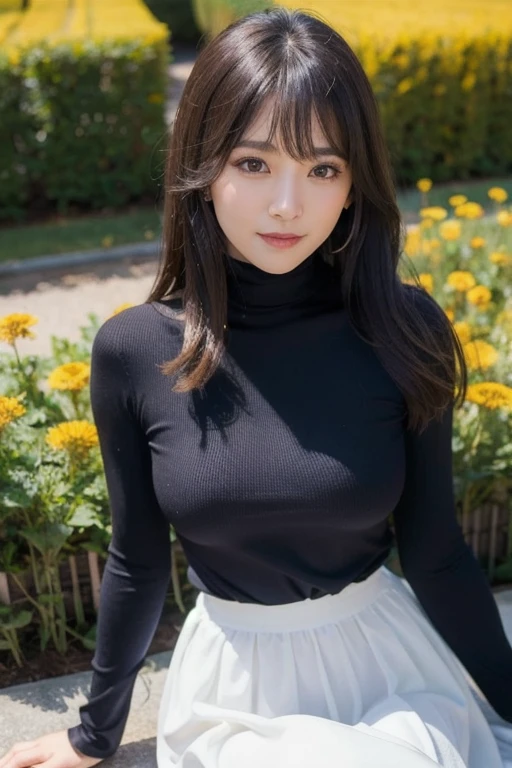 ((((highest quality))))、(((Ultra-precision CG16K wallpaper)))、(((masterpiece)))、(((Super detailed)))、(((super extreme details)))、1people's women、mature woman、24 year old woman、((Japanese face))、((very beautiful face))、((Mai Shiraishi:1.5))、((ponytail、one tail:1.3))、(shiny hair)、bangs up to eyebrows、(beautiful blonde)、beautiful delicate eyes、brown eyes、raised eyebrows、high nose、small nostrils、small mouth、seductive lipouth slightly open、beautiful breasts、((C cup size breasts))、cleavage、plump body、(Chubby body type)、perfect proportions、perfect anatomy、perfect composition、beautiful detailed shading、beautiful natural lighting、beautiful detail glow、Depth of the bounds written、soft focus、(((High chroma)))、(((real:1.9)))、((vivid:1.4))、((beautiful skin))、((skin texture))、((realな皮膚感))、(((cowboy shot、Thigh:1.5)))、((Angle seen from the front:1.5))、((smile:1.4))、(Eyes looking at me:1.5)、bright sunshine、(((lawn square:1.3)))、(standing pose:1.5)、(((Dark brown high neck long sleeve rib fit mini dress:1.6)))、