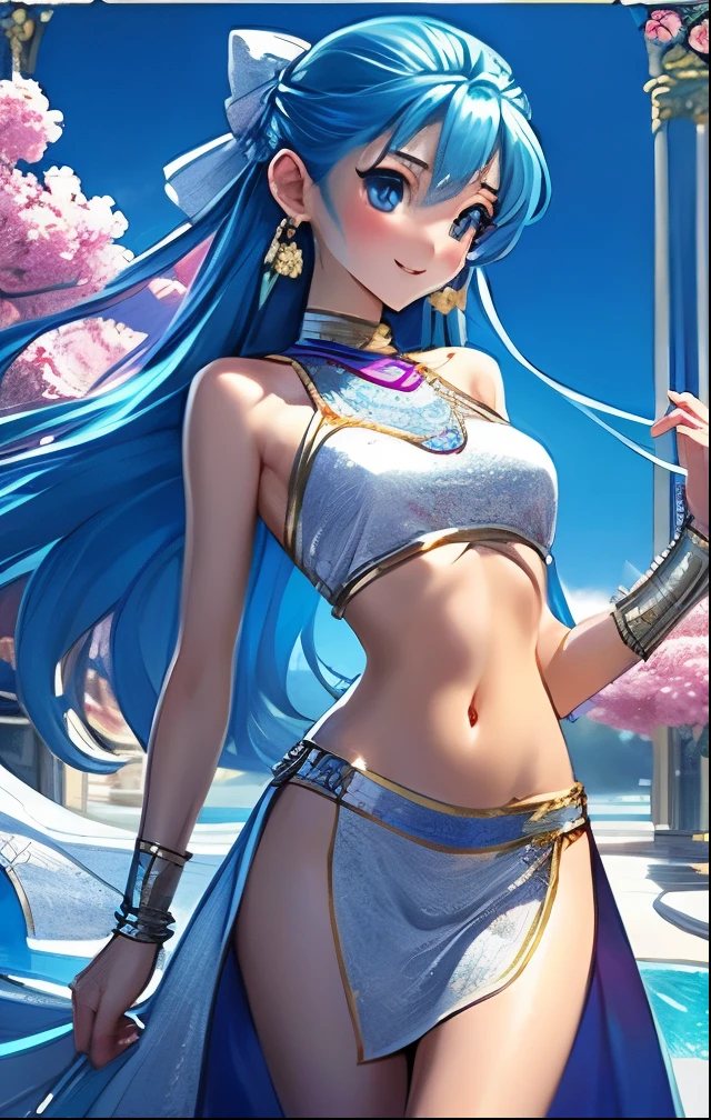 (((SFW、Highest quality、 first class masterpiece 、 Normal Body 、32k、 detailed face 、super precise、 normal hand、5refer to、Highest))) flora、"Dorakue characters"、beautiful girl、Blue and silver hair、Glowing Hair、beautiful breasts、Slender、 slim、Petite、 can be used、Shyly blush and smile 、 Navel Exposure 、white ultra-thin nipple sheer dress、nipple erection