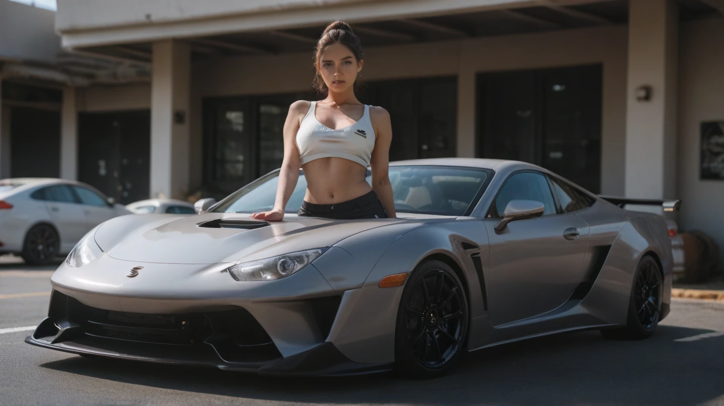 3 girls with extra big breasts, wearing torn white three-point swimsuits, white sneakers, leaning on a Lamborghini, sexy pose, full body composition, soaked clothes, soaked hair, super fine eyes, super fine breasts