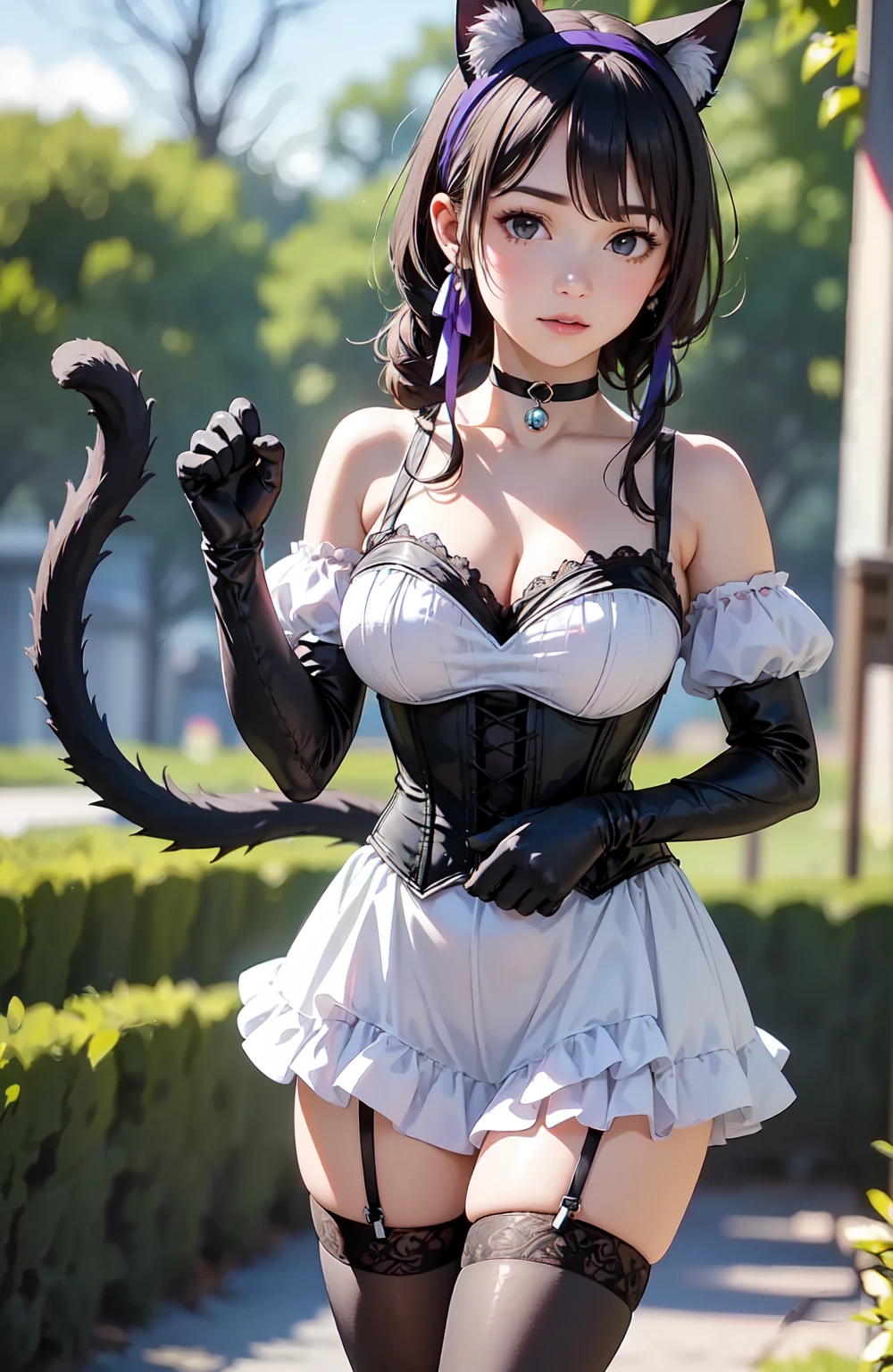 une femme adulte avec des lunettes dans un parc ,la nuit , Lune rouge, Black wedding dress with sleeves, Robe moulante, robe près du corps, black wedding viel, Lolita , gothiques, long skirt, cat ears, white stockings, Dark and purple hair, cheveux noirs et mèches violettes, oreilles de chat sur la tête, gros seins, belle poitrine , Décolleté important, Avatar de seconde vie, Belle capture d’écran, charme , Seconde vie, Plan rapproché entre les jambes , femme séduisante, portant des lunettes noires brillantes