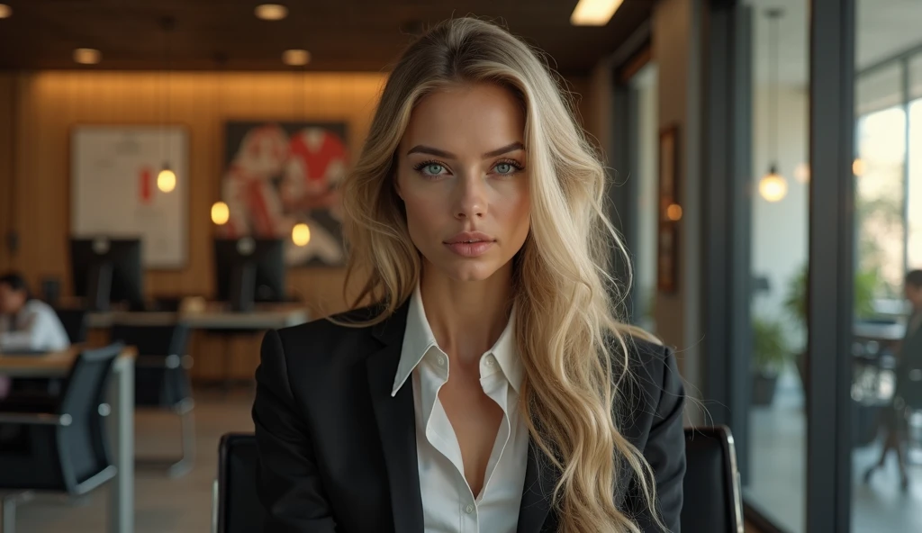 a beautiful girl with long blonde hair, detailed eyes, nose, and lips, wearing professional outfit, siting in her office, using her computer, hp comuter (best quality,4k,8k,highres,masterpiece:1.2),ultra-detailed,(realistic,photorealistic,photo-realistic:1.37),HDR,studio lighting,extremely detailed face and body, portrait,cinematic lighting,dramatic lighting,warm color tones,dramatic colors