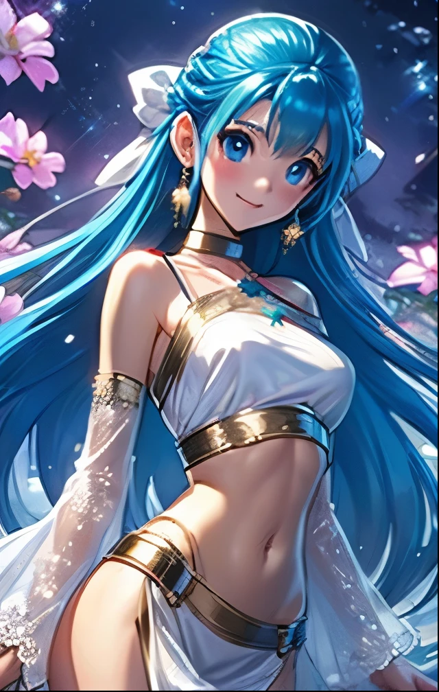 (((SFW、Highest quality、 first class masterpiece 、 Normal Body 、32k、 detailed face 、super precise、 normal hand、5refer to、Highest))) flora、"Dorakue characters"、beautiful girl、Blue and silver hair、Glowing Hair、beautiful breasts、Slender、 slim、Petite、 can be used、Shyly blush and smile 、 Navel Exposure 、white ultra-thin erect sheer nightgown、nipple erection