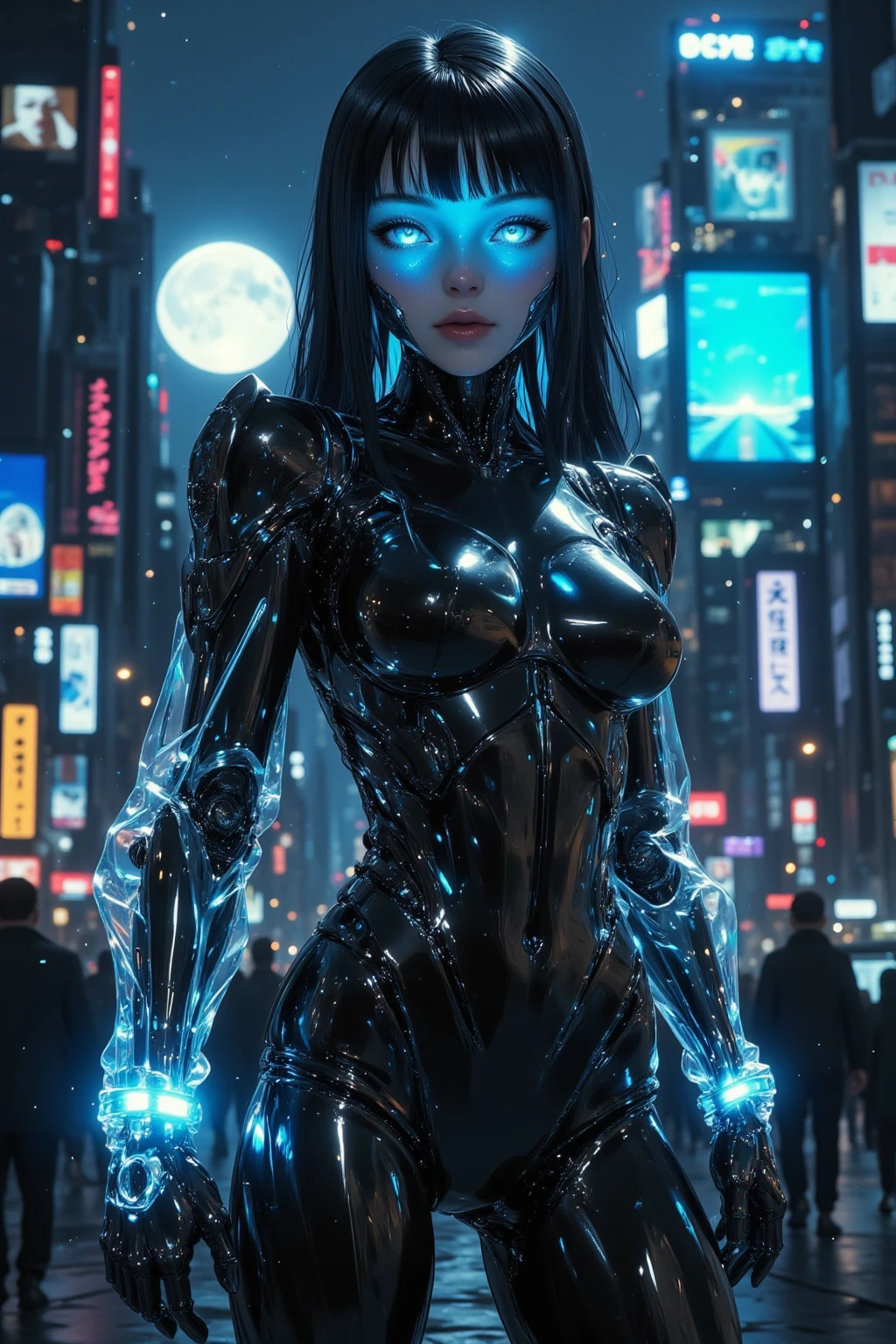 Beautiful female android, model-like body, glowing eyes, metallic body, shiny smooth surface, background reflected on body surface, blue-black body, downtown at night, neon sign, raining, cyberpunk cityscape, blur background, emphasize outline of person,