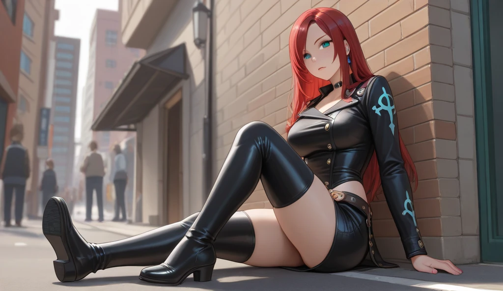 ((Courtney Hope)), red hair, asymmetrical hair, short ponytail, wavy hair, sidelocks, low ponytail, serious, Jesse Faden from video game "Control", Fitted Black motorcycle/bomber jacket 1/4 cropped, (tight, red micro bikini top under jacket), Skin tight black jeans, (strong glutes), matte black leather motorcycle boots, Slim but lightly toned build, Small bust, wide shot, from above, (pinup pose:1.6), UHD, 16k, best quality, anatomically correct, accurate, masterpiece, (full body portrait),