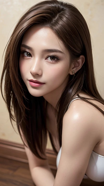 masterpiece, best quality, ultra-detailed, intricately detailed hyperdetailed, realistic, sharp features, highly detailed, sharp focus, Realistic, Photorealistic:1.3, (Japanese Idol), (19 years old:1.3), perfect face, perfect symmetrically eyes, perfect full lips, hyper detailed, hyper realistic, high resolution, Fashion Model, Slender, brown hair, Beautiful Face, light brown hair, messy hair, Beautiful hairstyle, (looking at viewer), cinematic lighting, (Close up portrait of woman lying in bed:1.5), Body Towel, 