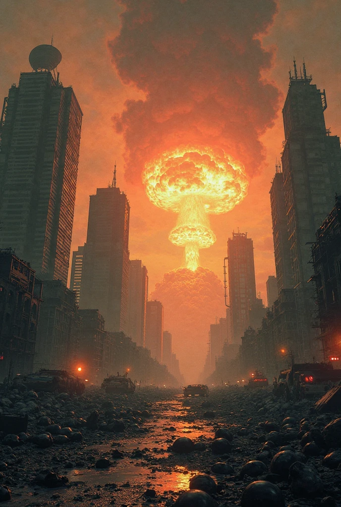 The cityscape of Hiroshima moments before the atomic bomb detonation, showing a red bustling city with buildings and streets full of life.