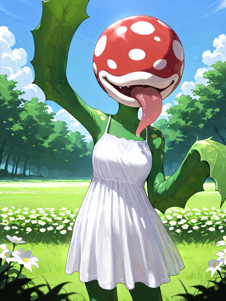 score_9, score_8_up, score_7_up, score_6_up, score_5_up, score_4_up, source_furry, (by zonkpunch, zonkpunch), mdf, yku, elemental creature, flora fauna, mouth creature, piranha plant, anthro, eyeless, female, green body, lips, red head, white head, spots, standing, outside, white lips, long tongue, saliva, (cute, Smirk, horny expression:1.2), detailed background, outside, grass, flower field, solo, waving, waving at viewer, (leaf arms:1.3), looking at viewer, cheering, cheerful, star \(symbol\), dress, sundress, ^o^, king outfit
