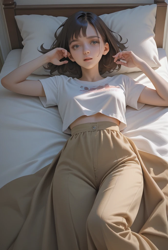 girl sleeping、22 years old、realisticlying、She wears a short pink camisole、Sleeping on a white bed、Has brown hair。Shortcut Hair、