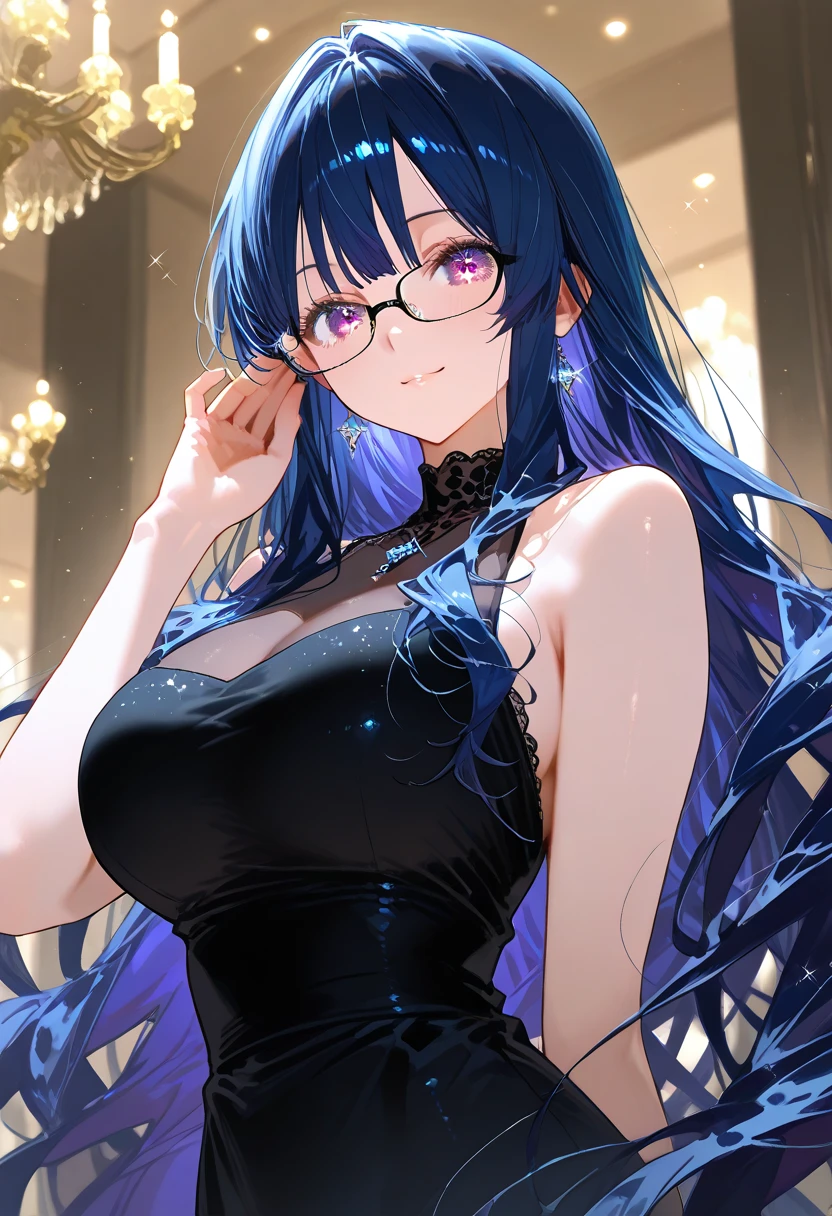 (((Masterpiece))),(((Best quality))),(((Amazing detail))),((illustration)),((A high resolution)),((8K)),((Anatomically correct)),Blue long hair,High ponytail,Delicate hair,a matural female,black-frame glasses,Light smile,adjusting eyewear,angle of view,Anime,Depth of field,Classroom Background,Sunset,Soft light,From above,Lens flare