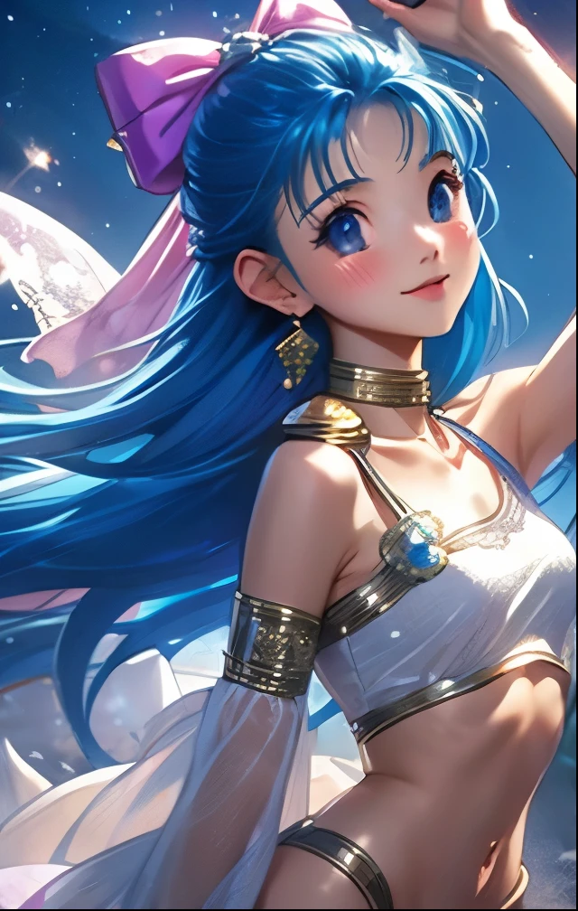 (((SFW、Highest quality、 first class masterpiece 、 Normal Body 、32k、 detailed face 、super precise、 normal hand、5refer to、Highest))) flora、"Dorakue characters"、beautiful girl、Blue and silver hair、Glowing Hair、beautiful breasts、Slender、 slim、Petite、 can be used、Shyly blush and smile 、 Navel Exposure 、White Ultra Thin Erection Nipples See-through Negligee、First Night of a Slave、Slave Iron Collar with Chain Lead、The Fall of Slaves、Dimly lit bedroom