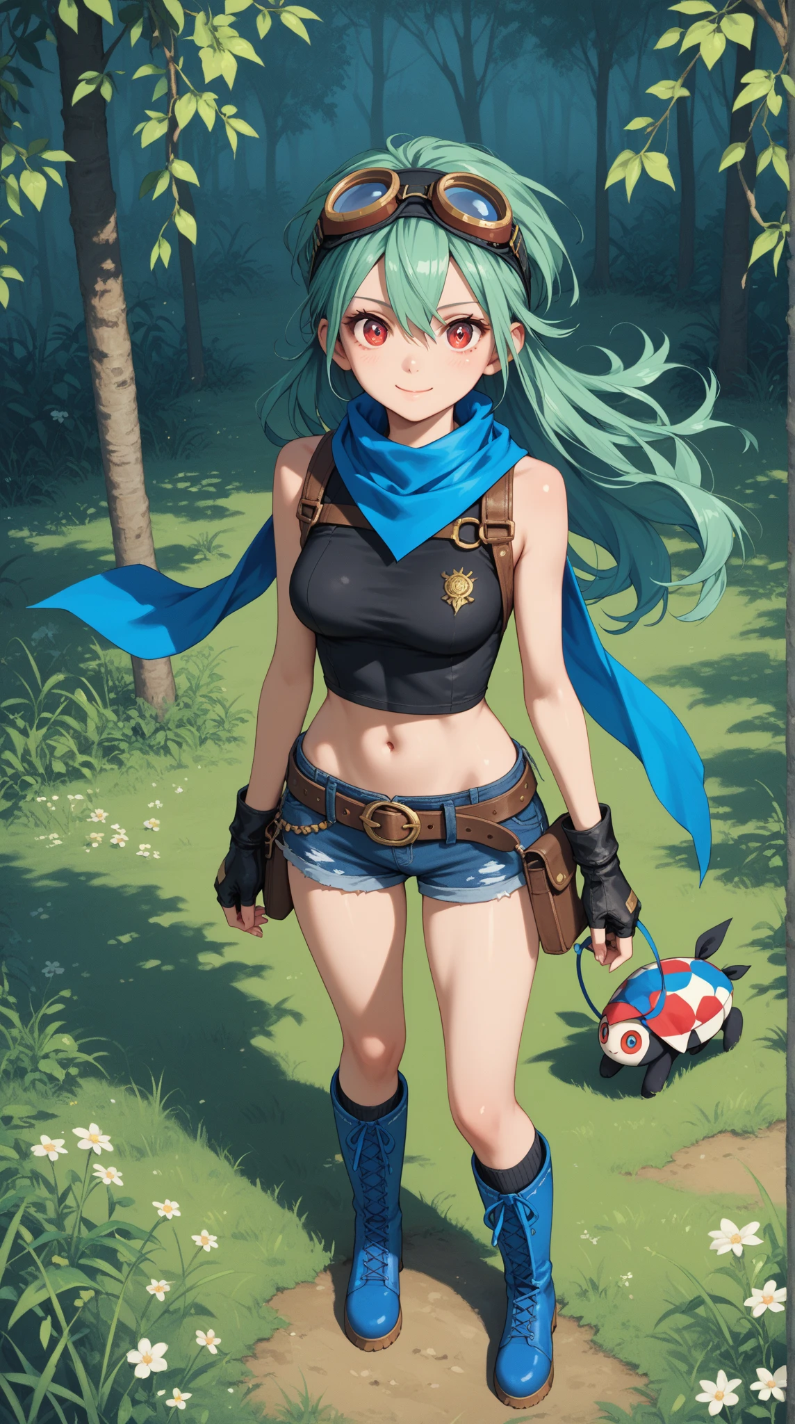 masterpiece, best quality, <lora:nitori:1>,1girl, kawashiro nitori, solo, shorts, hat, hair ornament, hair bobbles, key, navel, midriff, bag, smile, blue hair, backpack, blue eyes, two side up, boots, grin, gloves, belt, short hair, denim shorts, nature, short shorts, cutoffs, denim, grass, grey shorts, forest, alternate costume, crop top, tree, shirt, necklace, jewelry, white gloves, contemporary, looking at viewer, blush