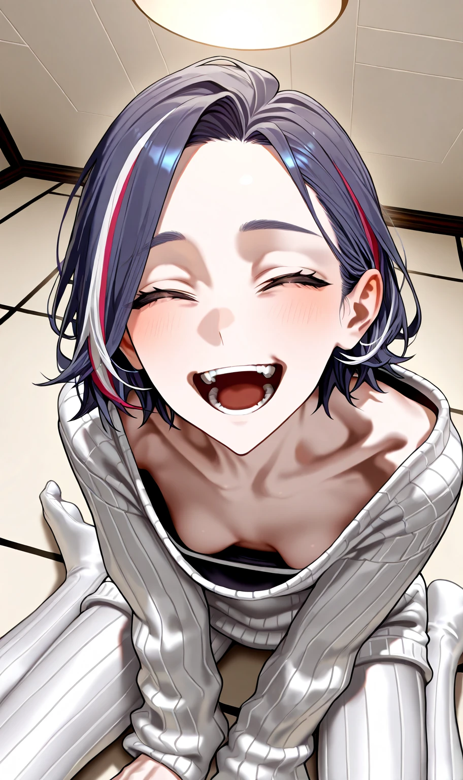 EFT_Shinobu, 1girl, kochou shinobu, butterfly hair ornament, solo, hair ornament, purple hair, multicolored hair, black hair, smile, haori,, gradient hair, short hair,, room, indoors, blush, open mouth, big mouth, tongue, tongue out, close up, saliva, uvula, uvula, room, mouth focus, excessive saliva, closed eyes, side, on side, looking at viewer