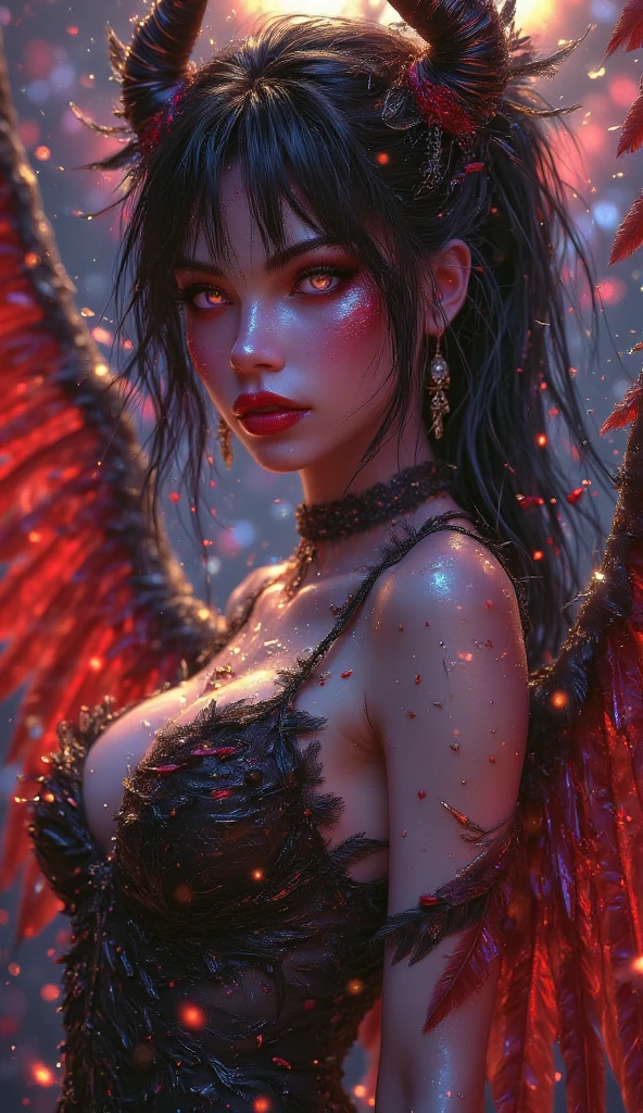 photorealistic, (masterpiece, best quality, high detailed, intricate details:1.3), (young, 18 years old, succubus, cowboy shot, red skin, glowing red eyes:1.3), wide succubus wings, (laying on back, spreading legs, neat pussy, bloody:1.3), (small tits, skinny, short, thin hips:1.3), horns, pubic tattoo, detailed perfect skin, epic hell background, (colored skin:1.1), (fire, red glowing sparkles in air, demonic, horror, film grain, cinematic light, cinematic shadows:1.15)