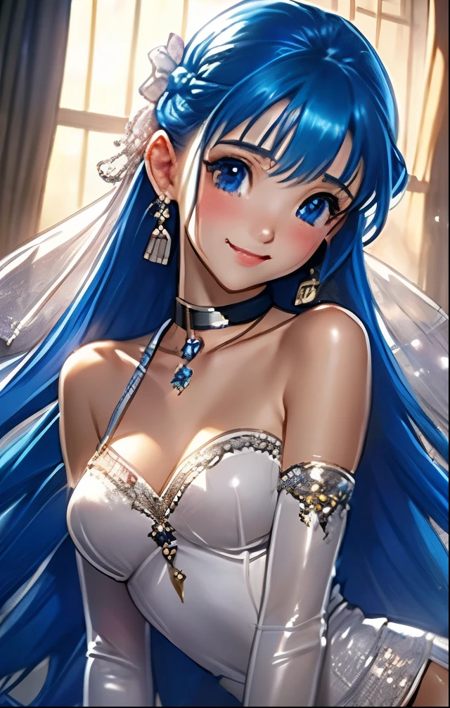 (((SFW、Highest quality、 first class masterpiece 、 Normal Body 、32k、 detailed face 、super precise、 normal hand、5refer to、Highest))) flora、"Dorakue characters"、beautiful girl、Blue and silver hair、Glowing Hair、beautiful breasts、Slender、 slim、Petite、 can be used、Shyly blush and smile 、White Ultra Thin Erection Nipples See-through Negligee、See-through skin、First Night of a Slave、Slave Iron Collar with Chain Lead、The Fall of Slaves、Dimly lit bedroom