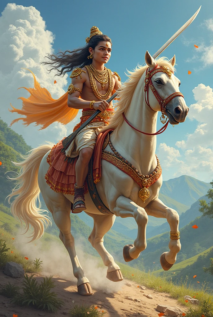 Lord Krishna in teenage with his beautiful face and peacock feather in his hair and on white horse