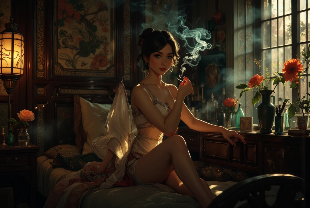 Full length photo, single female clown sks 35 years old, bare legs, sexy pose sitting by a large window, brown eyes, earrings, eyelashes, jewelry, lips, makeup, necklace, knitted sweater, fisheye view. blue panties, warm blanket, angle, dark, cinematic lighting, masterpiece, best quality, ((flowers in the smoke)), the finest transparent invisible silk