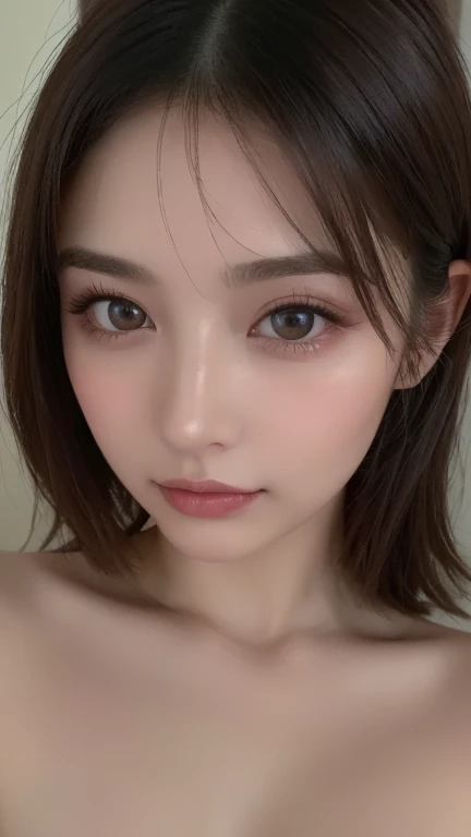 Beautiful and handsome woman, ((Highest quality, 8k, masterpiece:1.3)), Beautiful woman, 1 female, Huge breasts:1.3, Slim figure:1.1, Bouncy dark brown hair,Highly detailed face, Detailed lips, Fine grain, double eyelid