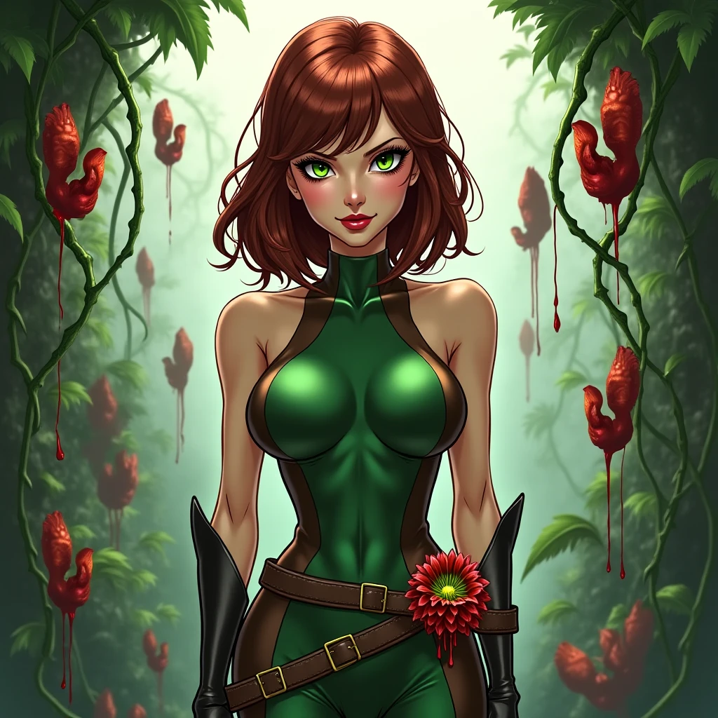 gorgeous tomboy duidess, clothes made of leaves, ivy, poison, vines, dandelions, dark red hair, black hair, pixie cut 