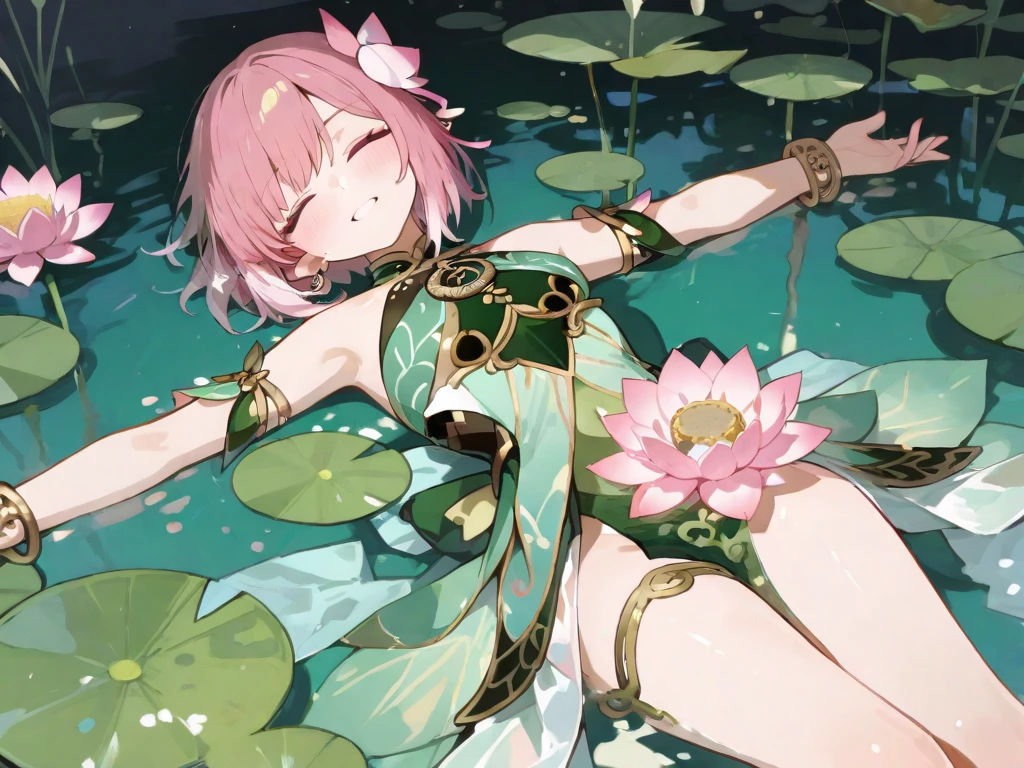 young man, twink, (((male))), (((man))), (1guy), (((single))), (((solo))), (((very light pink hair))), (((light green eyes))), (medium short hair), (chin-length hair), wavy hair, slim body, ((flat chest)), (((fantasy style))), (((wearing flowers in his hair))), (((green leaves in his hair))), flowercrown, ((pointy ears)), (((light green colored eyes))), smooth skin, bare legs, revealing clothes, (white flowers), ((yellow flowers)), gold details, summer, smiling, pond in the background, (relaxing on the grass), (inviting pose), (flirty expression), (seductive)