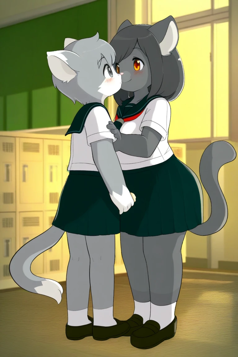 female furry anthro panda girl with short black hair green eyes small breasts smiling mouth spread legs kissing girls with spread legs extra fluffy body in locker room shower. cumming, french kissing,