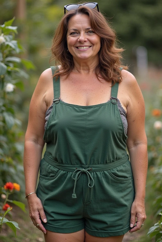 portrait, her name is Mia, high quality, 1 old woman, ((40-year-old guitar-shaped body irish woman)), (((40 years old))), wide hips, (((red hair))), (pale skin), ((green eyes)), she is wearing tan safari romper, dynamic pose, BREAK, BACKGROUND: outdoor: At the conservation education center, interactive exhibits and informative displays educate visitors about endangered species and ongoing conservation efforts. 