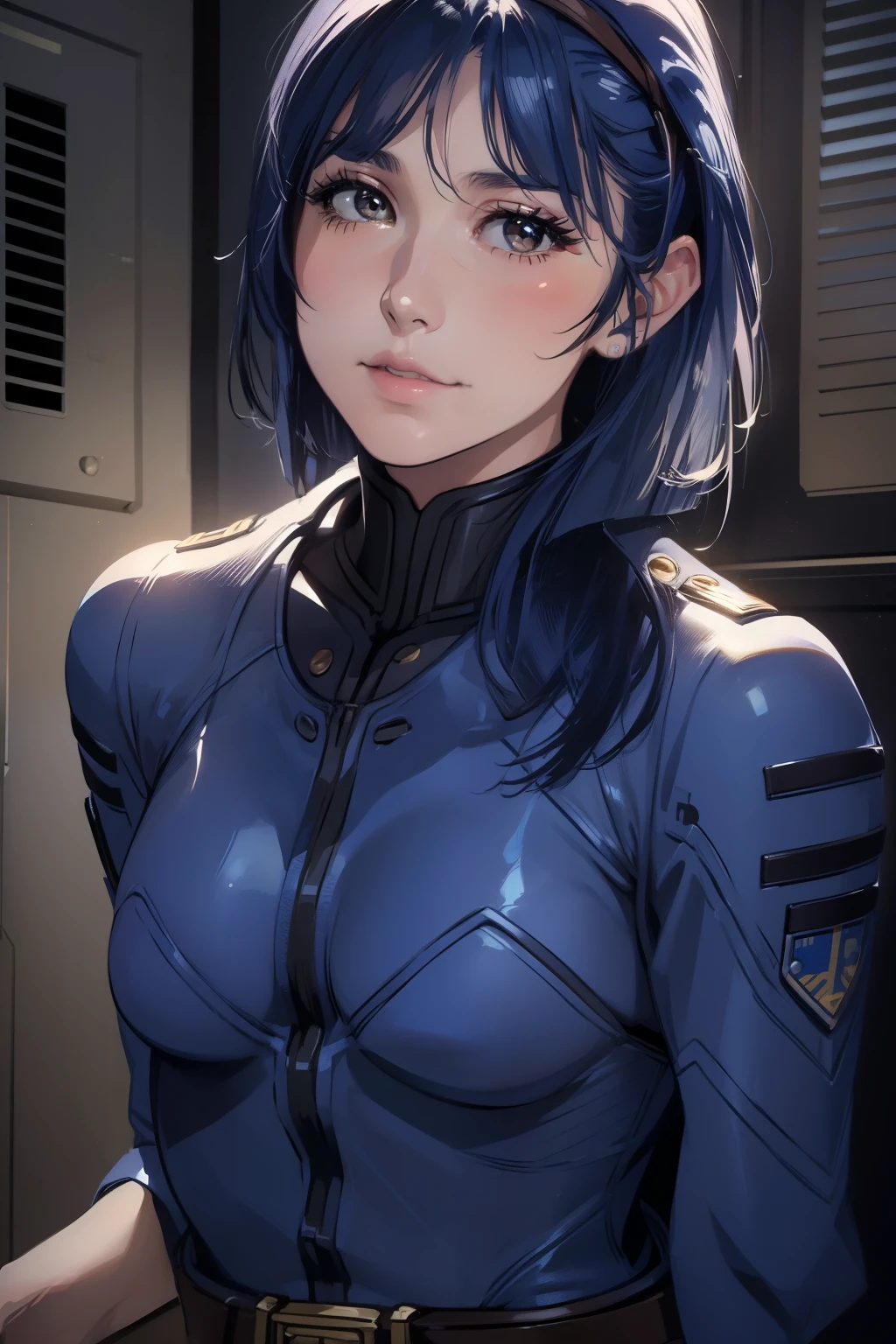 (masterpiece, best quality:1.2), cowboy shot, solo, 1 girl, niimi kaoru, expressionless, Watch Viewers, arm-crossed, hair clip, glass, bodysuit, uniform, belt
