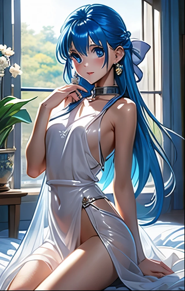 （（（ＳＦＷ、Highest quality、 first class masterpiece 、 Normal Body 、32k、  detailed face 、super precise、  normal hand、５refer to、Highest））） flora、"Dorakue characters"、beautiful girl、Blue and silver hair、Glowing Hair、beautiful breasts、Slender、 slim、Petite、 can be used、masochist、Blushing Embarrassingly、watery eyes、White Ultra Thin Erection Nipples See-through Negligee、See-through skin、First Night of a Slave、Slave Iron Collar with Chain Lead、The Fall of Slaves、bedroom